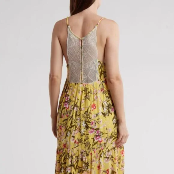 NWT Lovestitch Women's Floral Tiered Slip Maxi Dress Yellow/White Lace Back Sz S - Picture 9 of 9